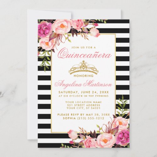 Pink Floral Quinceanera Gold Crown Striped Invitation
