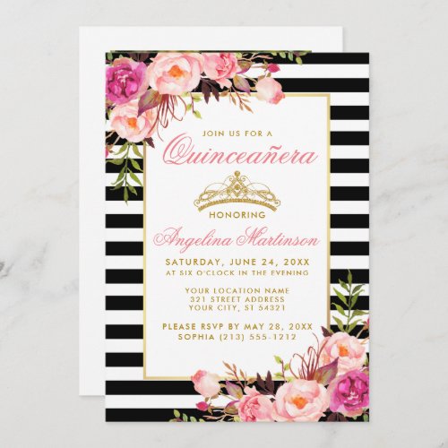 Pink Floral Quinceanera Gold Crown Striped Photo Invitation