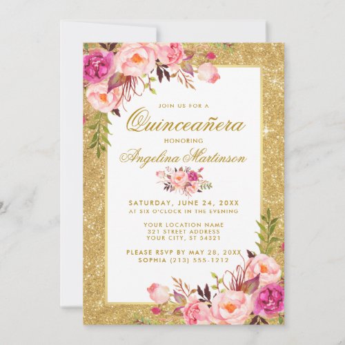 Pink Floral Quinceanera Gold Glitter Invitation