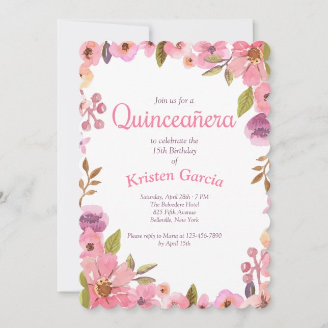 Pink Floral Quinceañera Invitation (Front)