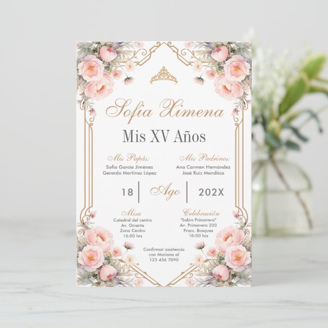 Pink Floral Quinceanera Invitation (Standing Front)
