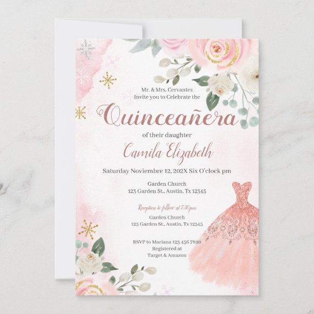 Pink Floral Quinceañera Invitation (Front)