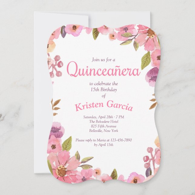 Pink Floral Quinceañera Invitation (Front)