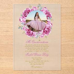 Pink floral Quinceanera invitation with picture
