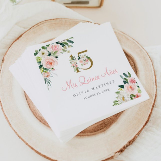 Pink Floral Quinceañera Paper Napkins Mis Quince (Creator Uploaded)