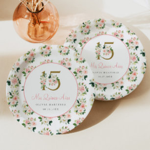 Pink Floral Quinceañera Paper Plate Mis XV 15 Años
