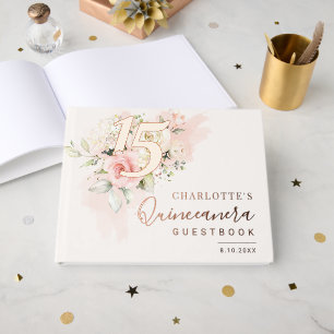 Pink Floral Quinceanera Party Foil Guest Book