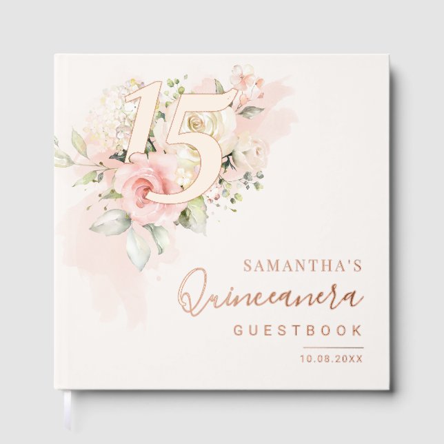 Pink Floral Quinceanera Party Rose Gold Foil Foil Guest Book (Front)