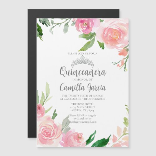 Pink Floral Quinceaera Party Silver Tiara Elegant Magnetic Invitation