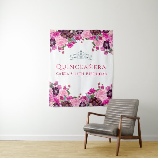 Pink Floral Quinceanera photo backdrop | Zazzle