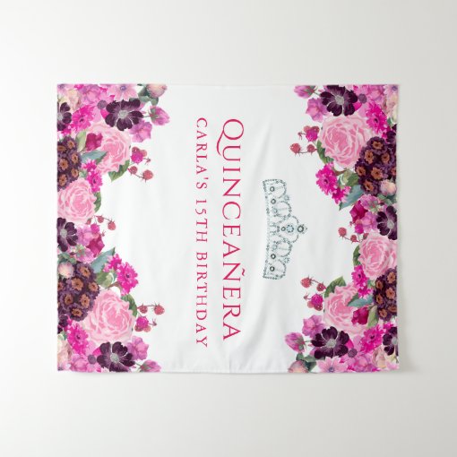 Pink Floral Quinceanera photo backdrop | Zazzle