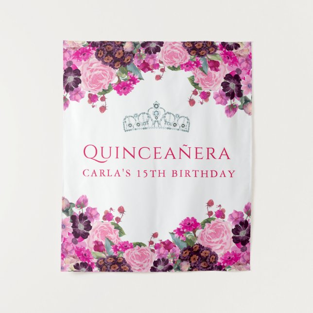 Pink Floral Quinceanera photo backdrop (Front)