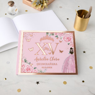 Pink Floral Quinceañera Quince 15 XV Rose Gold Foil Guest Book