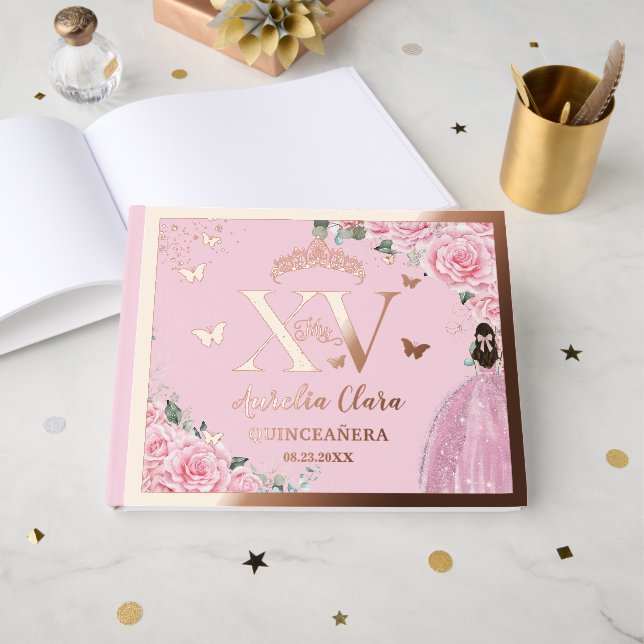 Pink Floral Quinceañera Quince 15 XV Rose Gold Foil Guest Book (Front Open)