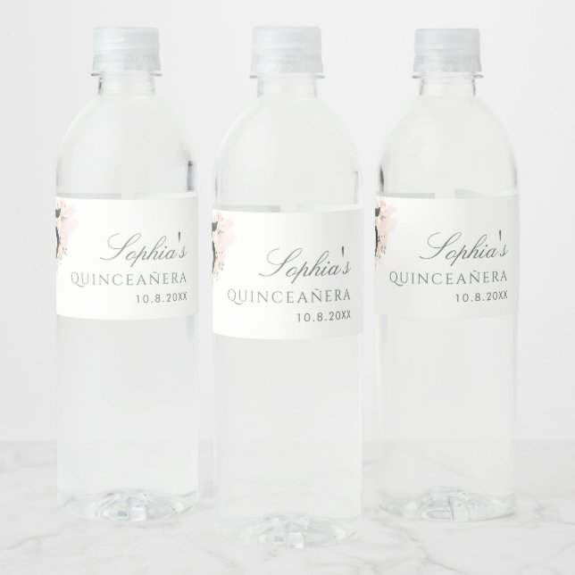 Pink Floral Quinceanera Rustic 15th Birthday Water Bottle Label (Bottles)