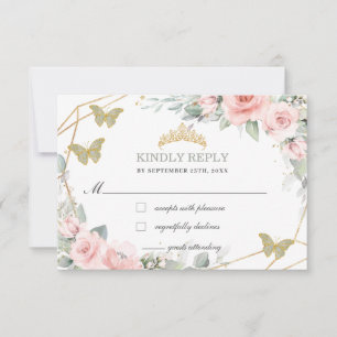 Pink Floral Quinceañera Sage Green Butterflies RSVP Card