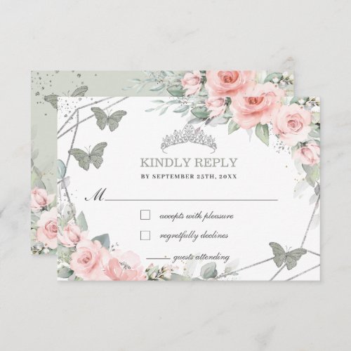 Pink Floral Quinceaera Sage Green Butterflies RSVP Card