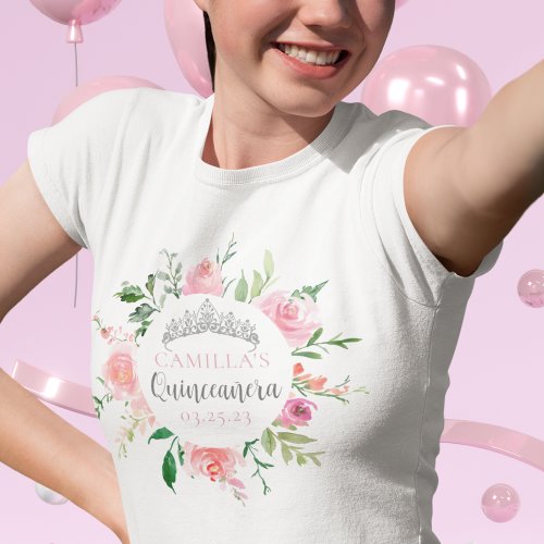 Pink Floral Quinceaera Silver Tiara Personalized T_Shirt