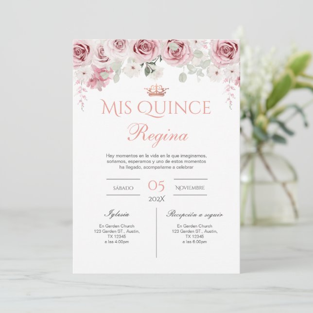 Pink Floral Quinceañera Spanish  Invitation (Standing Front)