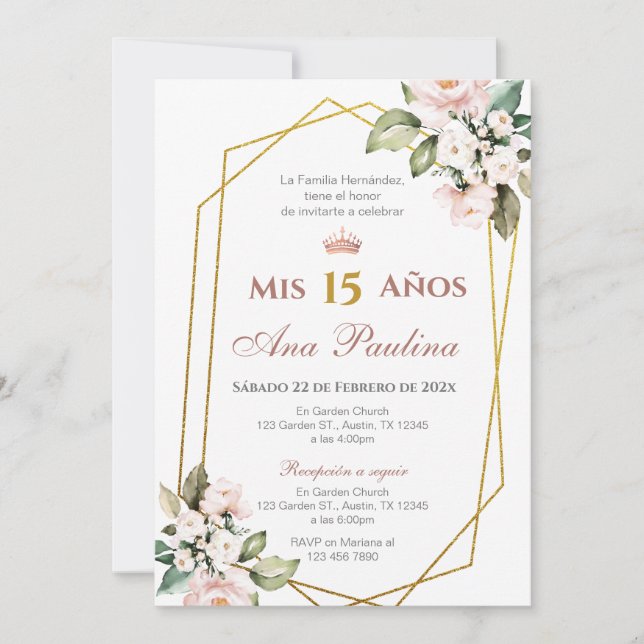 Pink Floral Quinceañera Spanish Invitation (Front)