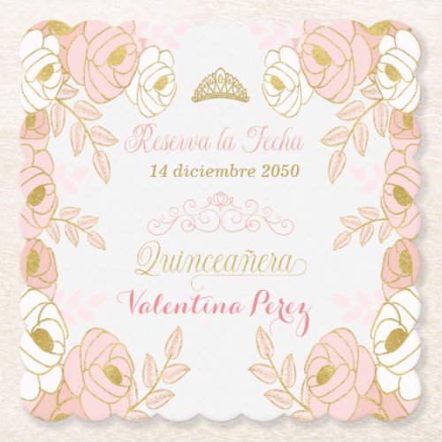 Pink Floral Quinceanera Spanish Save the Date Paper Coaster