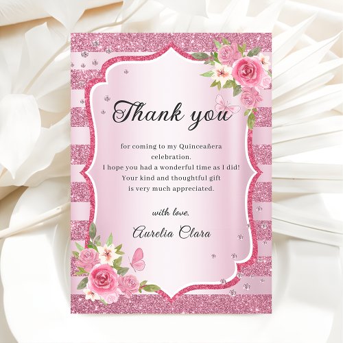 Pink Floral Quinceanera Thank You Card