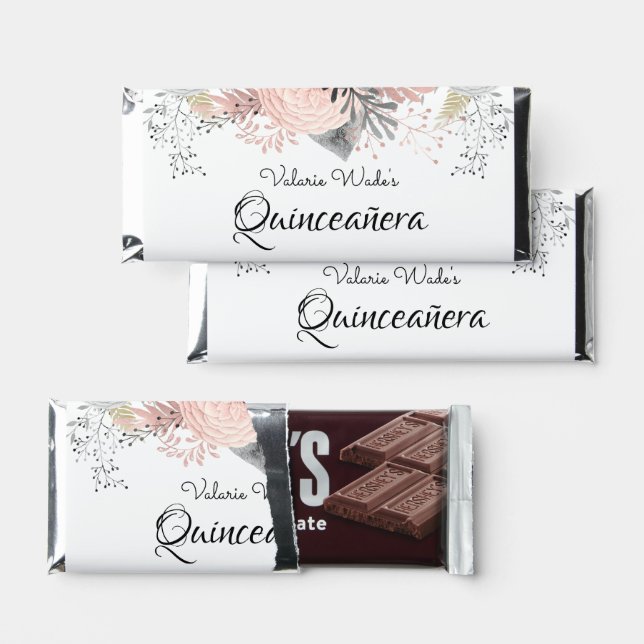 Pink Floral Quinceanera Thank You Hershey Bar Favors (Front)