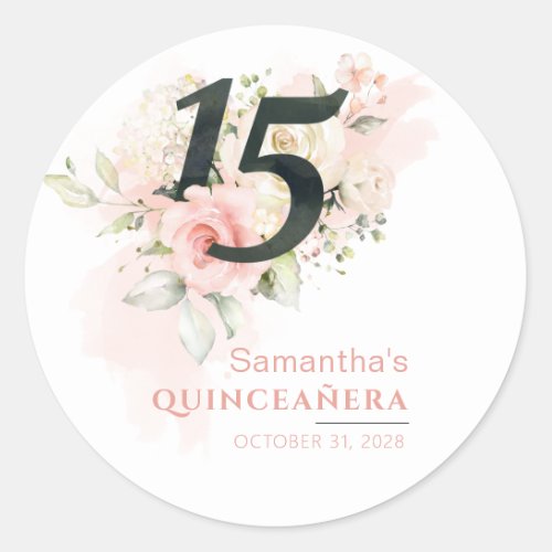 Pink Floral Quinceanera Watercolor 15th Birthday Classic Round Sticker