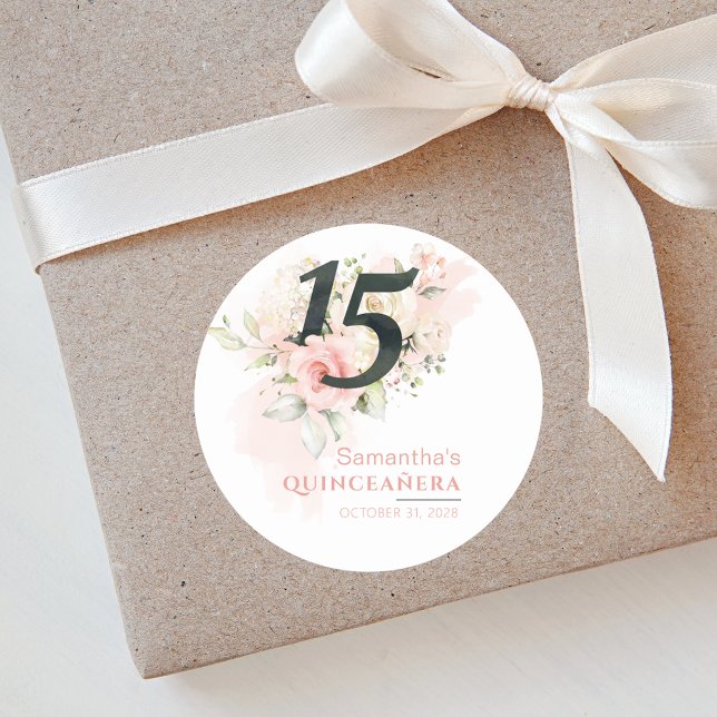 Pink Floral Quinceanera Watercolor 15th Birthday Classic Round Sticker (Pink Floral Quinceanera 15th Birthday Party Peach Round Sticker)
