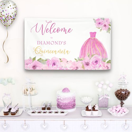 Pink Floral Quinceanera Welcome Banner