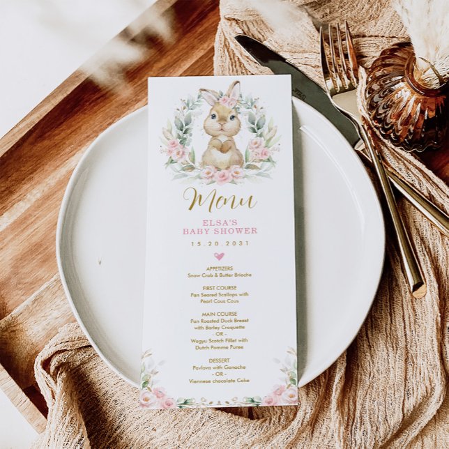 Pink Floral Rabbit Bunny Baby Shower Menu Card (Creator Uploaded)