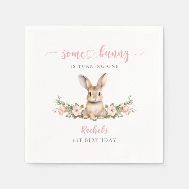 Pink Floral Rabbit Some Bunny 1st Birthday Napkins (Front)