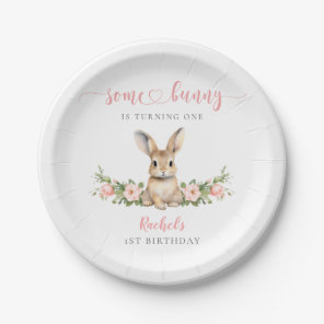 Pink Floral Rabbit Some Bunny 1st Birthday Paper Plates