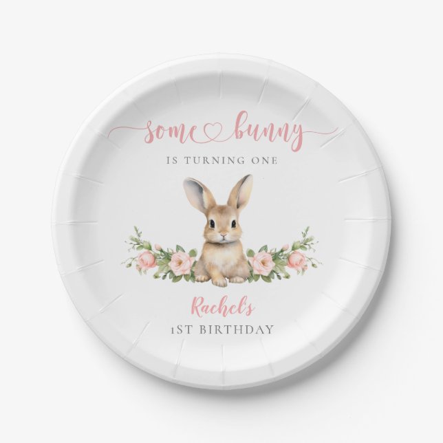 Pink Floral Rabbit Some Bunny 1st Birthday Paper Plates (Front)