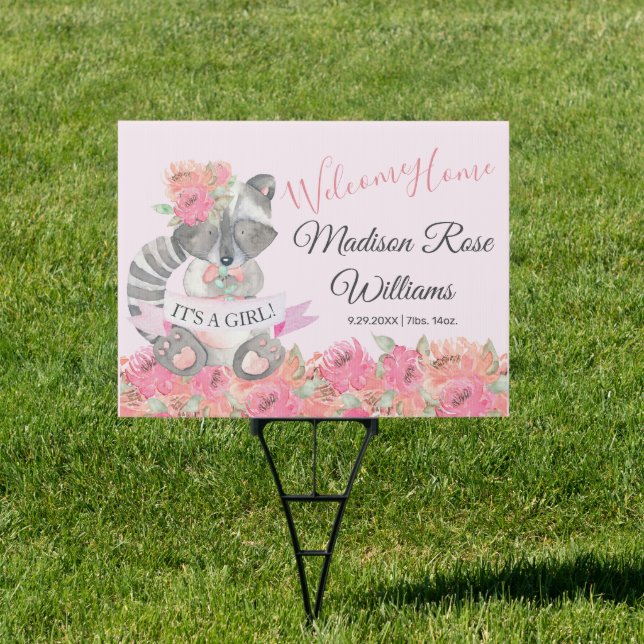 Pink Floral Raccoon Welcome Home Baby Girl Yard Sign (Insitu)