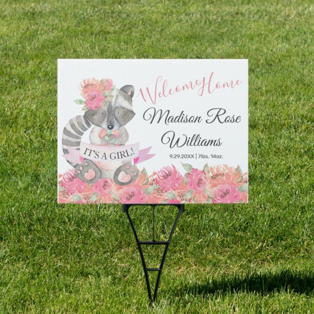 Pink Floral Raccoon Welcome Home Baby Girl Yard Sign (Insitu)