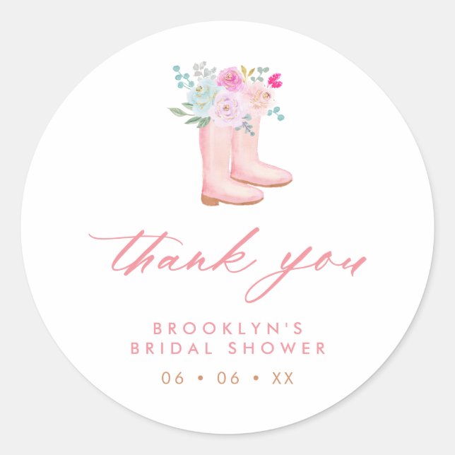 Pink Floral Rain Boots Bridal Shower Thank You Classic Round Sticker (Front)