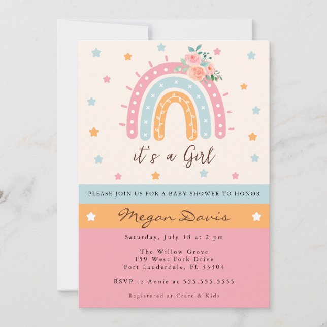 Pink Floral Rainbow Baby Shower It's A Girl Invitation (Front)
