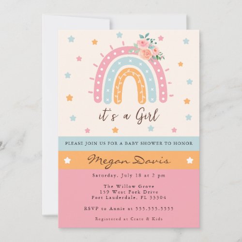 Pink Floral Rainbow Baby Shower Its A Girl Invitation