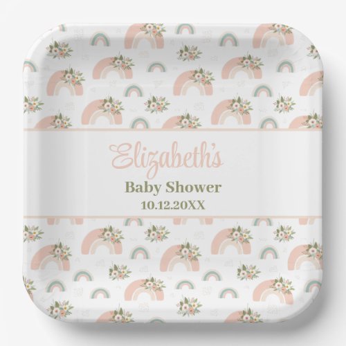 Pink Floral Rainbow Baby Shower Paper Plates