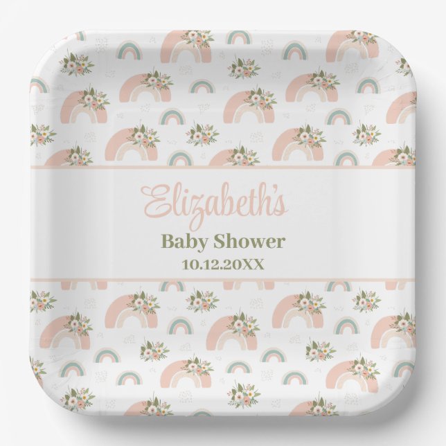 Pink Floral Rainbow Baby Shower Paper Plates (Front)