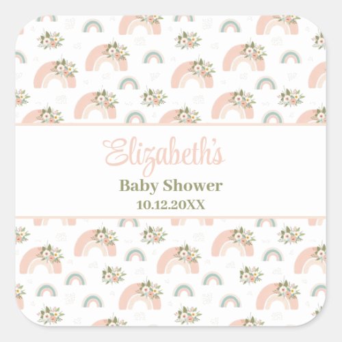 Pink Floral Rainbow Baby Shower Square Sticker