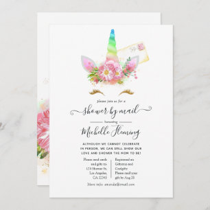 Pink Floral Rainbow Unicorn Baby Shower by Mail Invitation