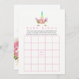 Pink Floral Rainbow Unicorn Girl Baby Shower Bingo Invitation