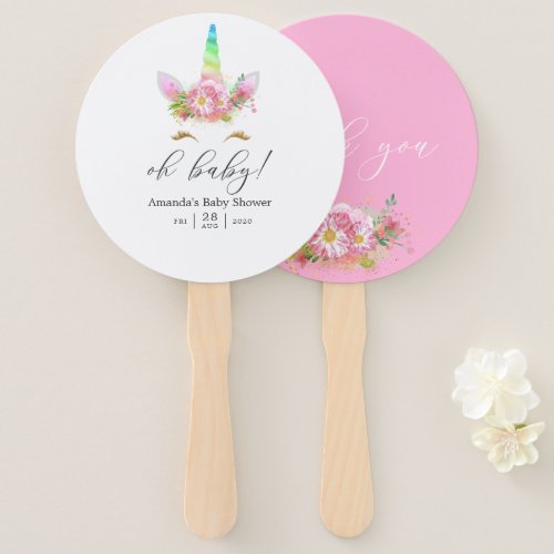 Pink Floral Rainbow Unicorn Girl Baby Shower Hand Fan