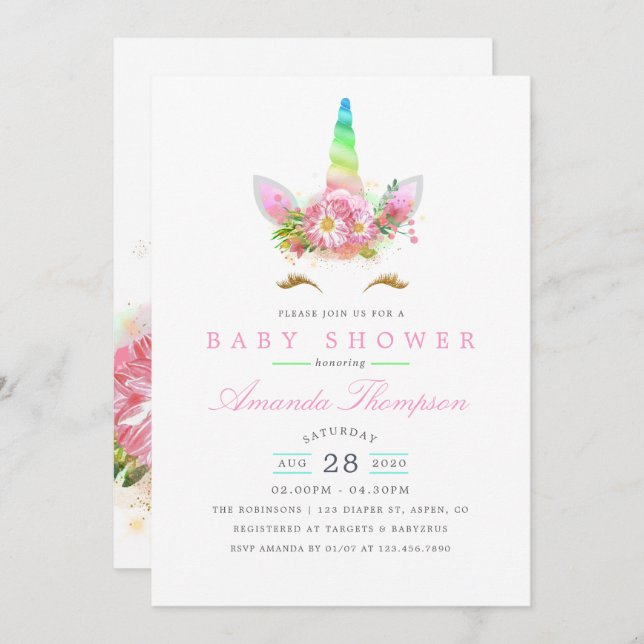 Pink Floral Rainbow Unicorn Girl Baby Shower Invitation (Front/Back)