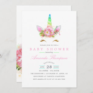 Pink Floral Rainbow Unicorn Girl Baby Shower Invitation