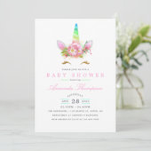 Pink Floral Rainbow Unicorn Girl Baby Shower Invitation (Standing Front)