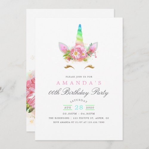 Pink Floral Rainbow Unicorn Girl Birthday Party Invitation