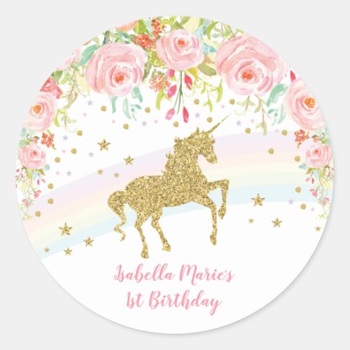 Pink Floral Rainbow Unicorn Thank You Favors Classic Round Sticker